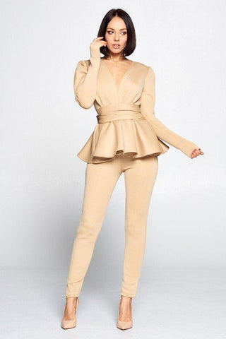 Long Sleeve Deep V Neckline Top With Waist Tie To Make A Bow Detail Paired With Elastic Waist Pants