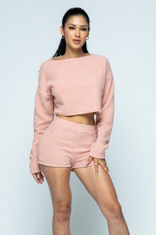 Poodle Knit Drop Shoulder Long Sleeve Cropped Top With High Waist Shorts Set