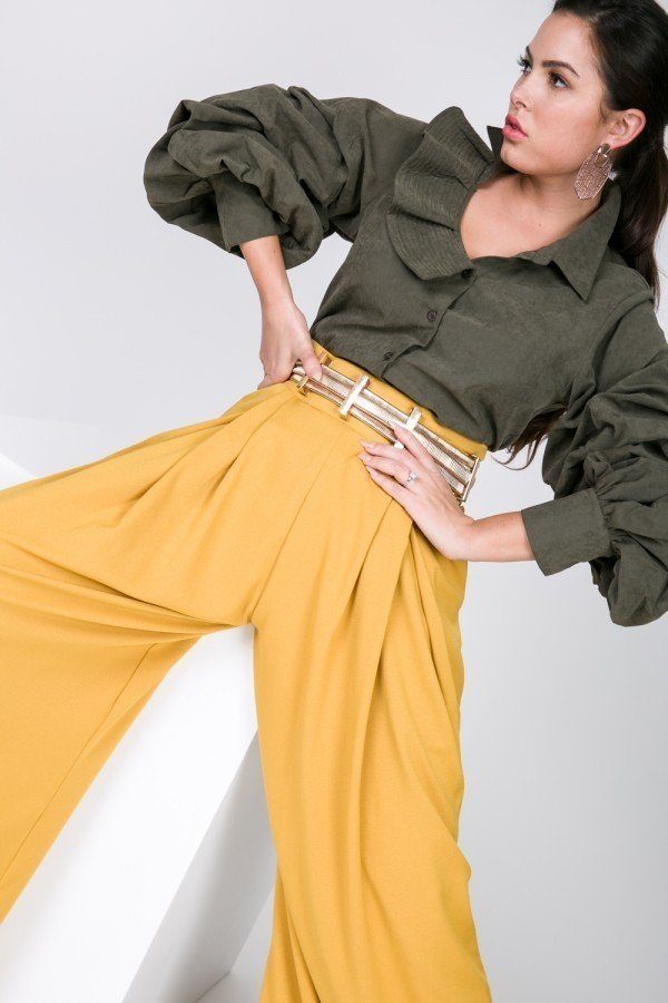 One Side Ruffle Neck Gather Puff Sleeve Button Down Blouse