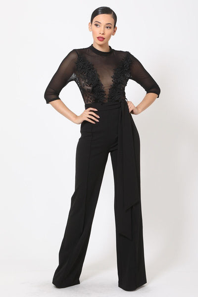 Deep V-neck Mesh See Through W/ Crotchet Jumpsuit