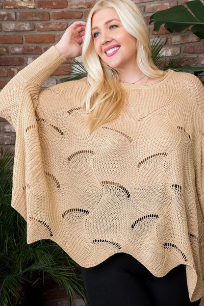 Plus Size Round Neck Long Batwing Sleeve Scalloped Edge Sweater