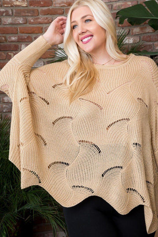 Plus Size Round Neck Long Batwing Sleeve Scalloped Edge Sweater