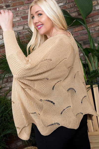 Plus Size Round Neck Long Batwing Sleeve Scalloped Edge Sweater