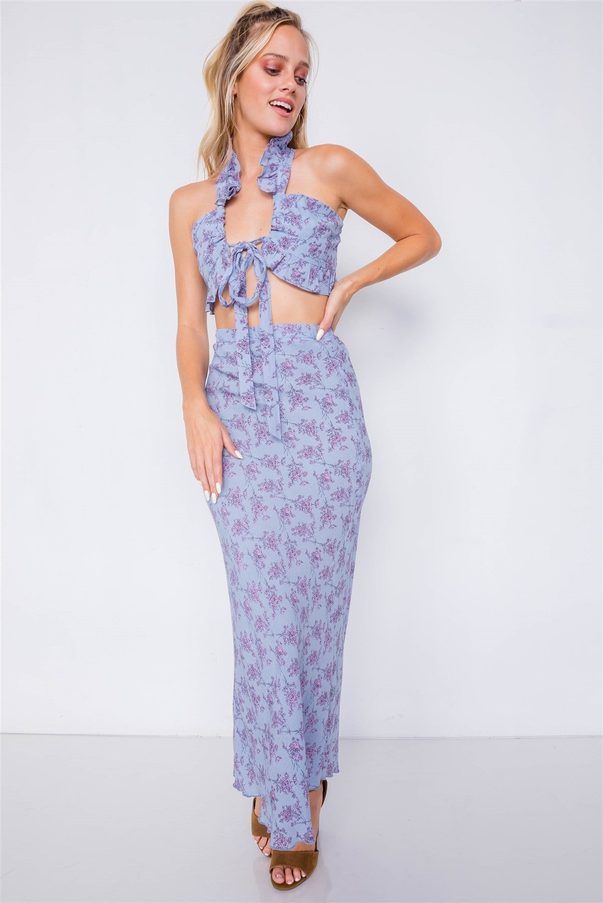 Mini Boho Print Lace Up Crop Top & High-waist Frill Trim Maxi Skirt Set