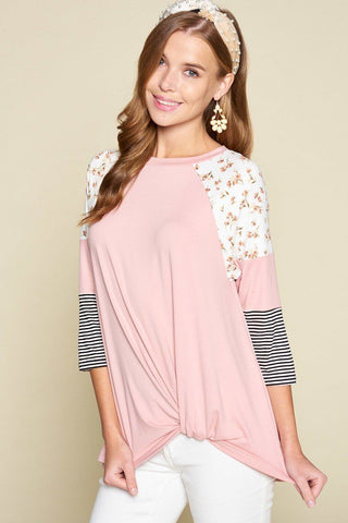 Plus Size Floral And Striped Color Block Sleeves Tunic Top With Side Twist