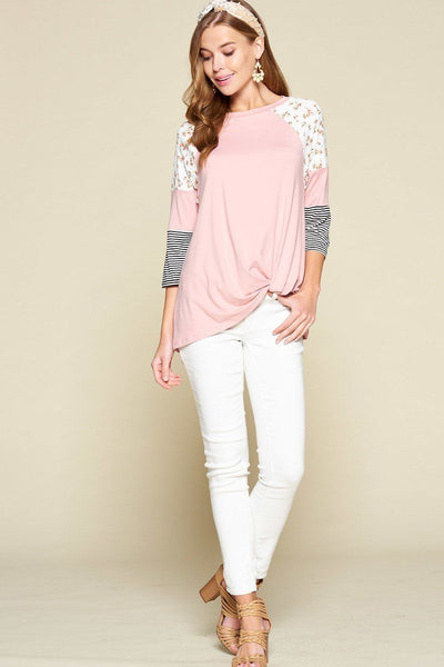 Plus Size Floral And Striped Color Block Sleeves Tunic Top With Side Twist