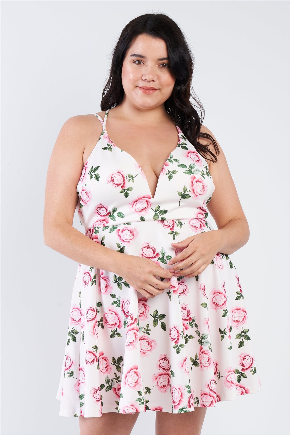 Plus Size Off White V-neck Floral Criss Cross Open Back Mini Dress
