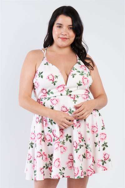 Plus Size Off White V-neck Floral Criss Cross Open Back Mini Dress