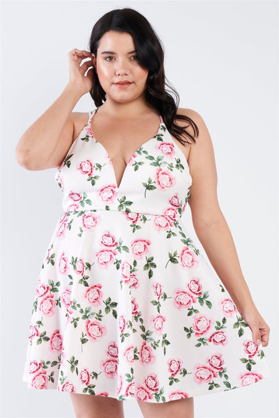 Plus Size Off White V-neck Floral Criss Cross Open Back Mini Dress