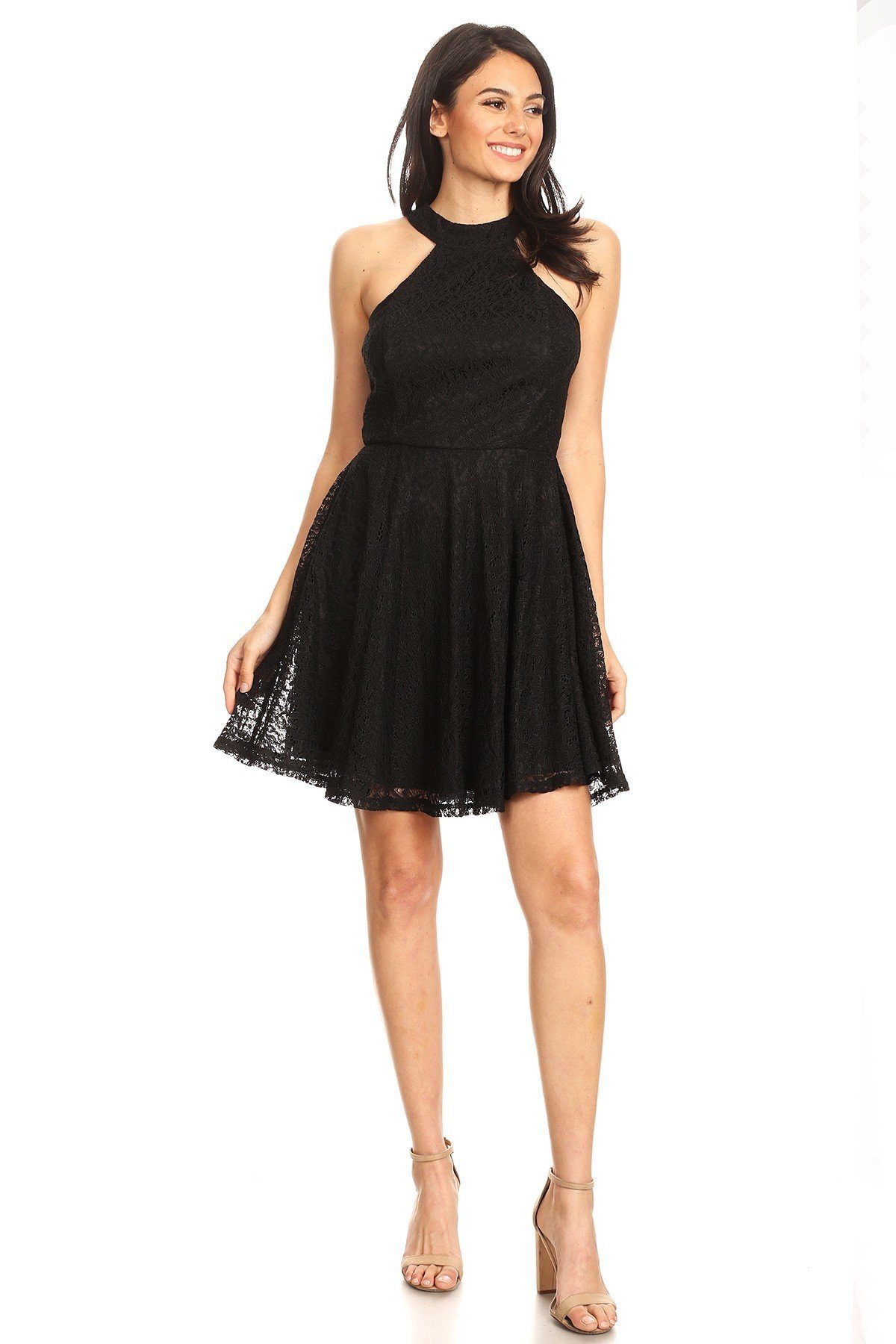 Lace Sleeveless Dress With Halter Neckline And Back Zipper Closure