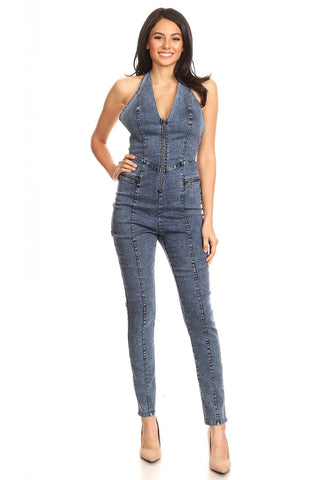 Fitted Denim Jumpsuit With Halter Neck, Low Back, And Zipper Detail