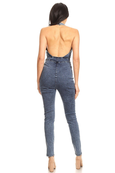 Fitted Denim Jumpsuit With Halter Neck, Low Back, And Zipper Detail