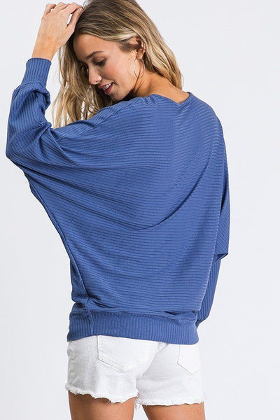Dolman Long Sleeve Ribbed Top With Banded Hem