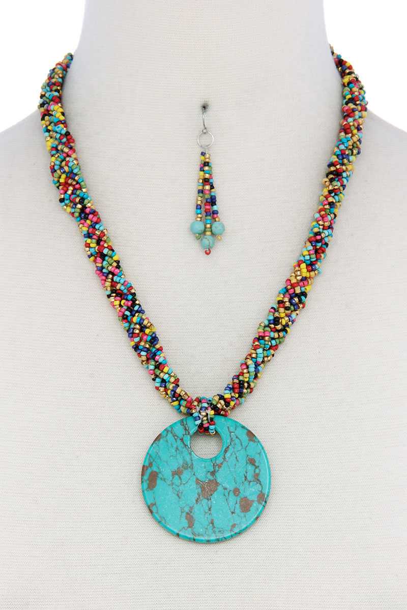Faux Stone Pendant Seed Bead Necklace