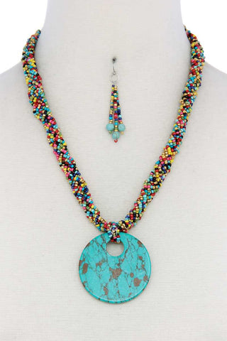 Faux Stone Pendant Seed Bead Necklace