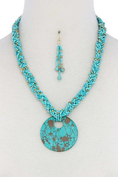 Faux Stone Pendant Seed Bead Necklace