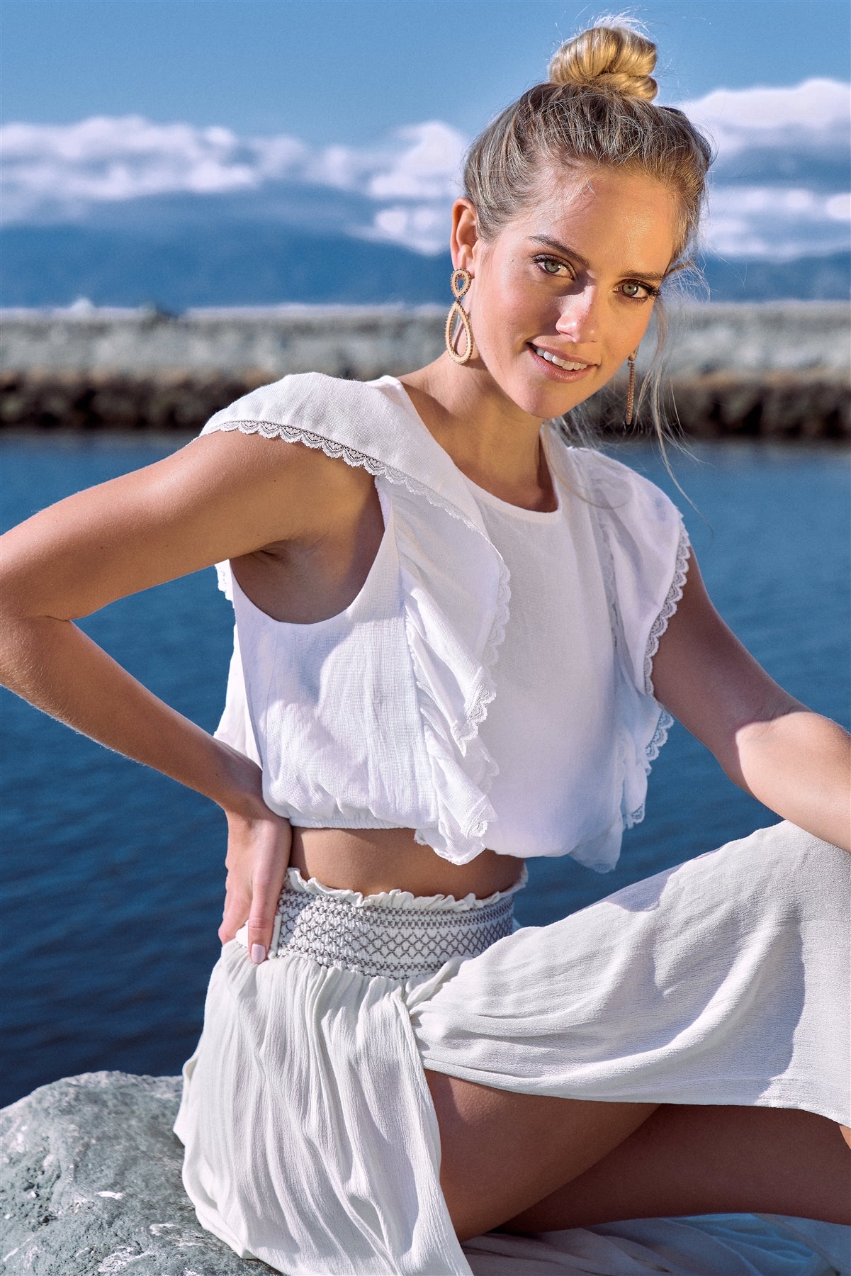 Off-white Semi-sheer Lace Frill Trim Cinched Elastic Waist Crop Top