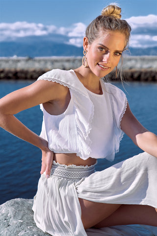 Off-white Semi-sheer Lace Frill Trim Cinched Elastic Waist Crop Top