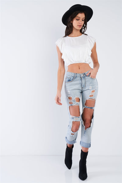 Off-white Semi-sheer Lace Frill Trim Cinched Elastic Waist Crop Top