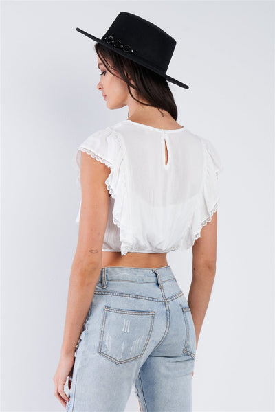 Off-white Semi-sheer Lace Frill Trim Cinched Elastic Waist Crop Top