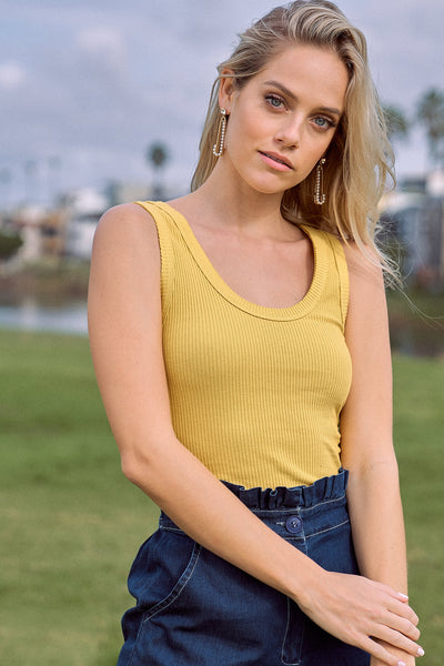 Mustard Yellow Ribbed Scoop Neck Raw Hem Tank Top