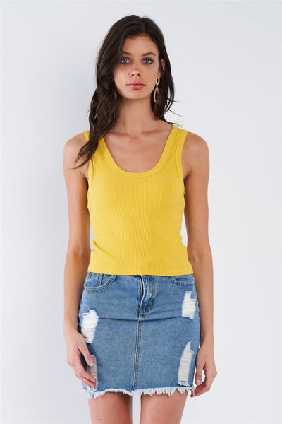 Mustard Yellow Ribbed Scoop Neck Raw Hem Tank Top