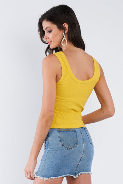 Mustard Yellow Ribbed Scoop Neck Raw Hem Tank Top