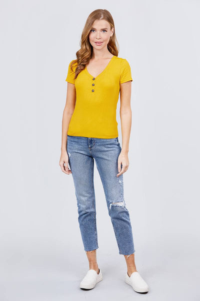 Short Sleeve V-neck W/button Detail Rib Knit Top