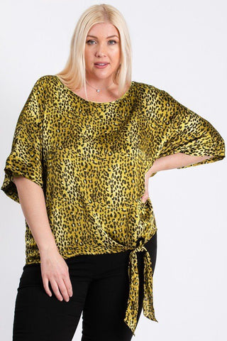 Short Sleeve Side Knot Hemline Leopard Print Woven Top