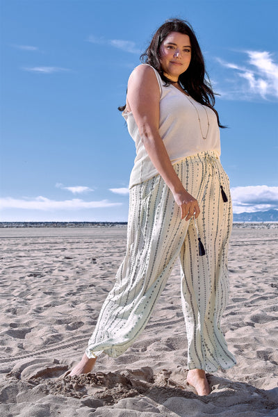 Plus Size Ivory Navy Blue Bohemian Print Self Tie Tassel Pant