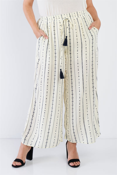 Plus Size Ivory Navy Blue Bohemian Print Self Tie Tassel Pant