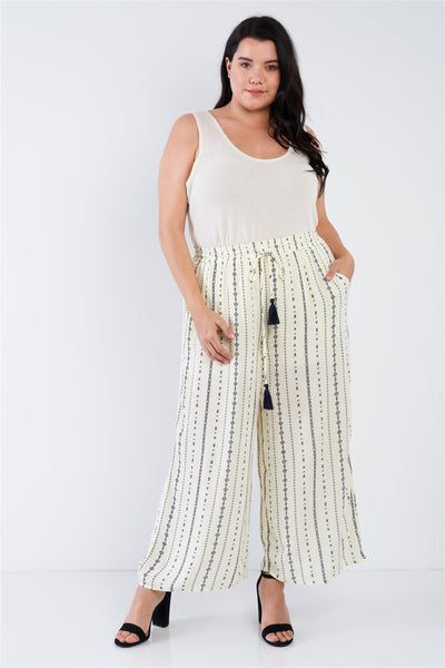 Plus Size Ivory Navy Blue Bohemian Print Self Tie Tassel Pant
