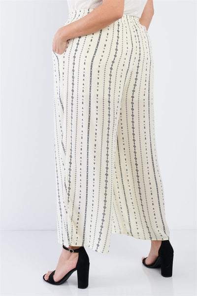 Plus Size Ivory Navy Blue Bohemian Print Self Tie Tassel Pant