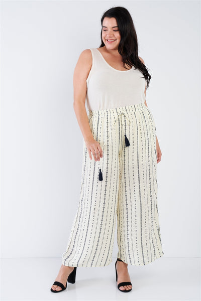 Plus Size Ivory Navy Blue Bohemian Print Self Tie Tassel Pant