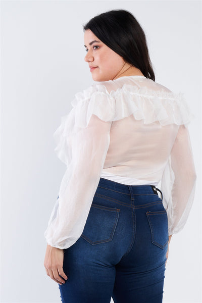 Plus Size Sheer V-neck Frill Silk Full Bottom Snap Bodysuit