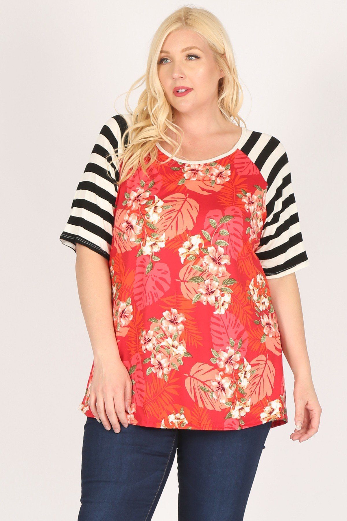 Plus Size Striped Sleeves Flower Print Contrast Tunic Top