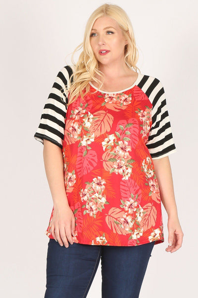 Plus Size Striped Sleeves Flower Print Contrast Tunic Top
