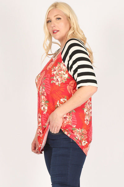 Plus Size Striped Sleeves Flower Print Contrast Tunic Top