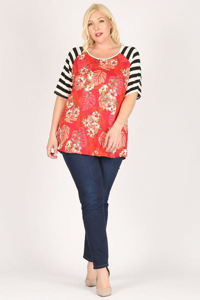 Plus Size Striped Sleeves Flower Print Contrast Tunic Top