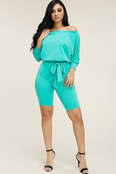 Slouchy Solid French Terry 3/4 Sleeve Romper With Tie Waist