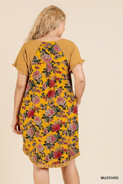 Short Sleeve Round Neck Dress With Floral Print Back And High Low Scoop Ruffle Hem
