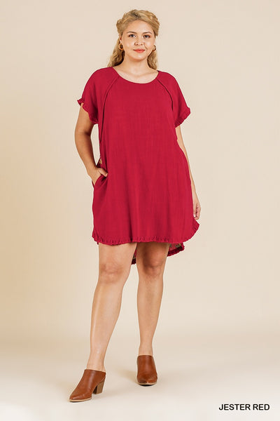 Short Sleeve Round Neck Dress With Floral Print Back And High Low Scoop Ruffle Hem