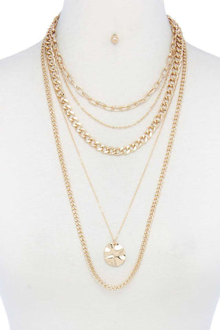 Hammered Coin Charm Metal Layered Necklace