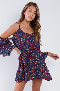 Boho Floral Print Cold Shoulder Bell Sleeves Mini Dress