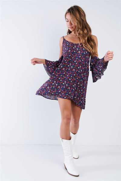 Boho Floral Print Cold Shoulder Bell Sleeves Mini Dress