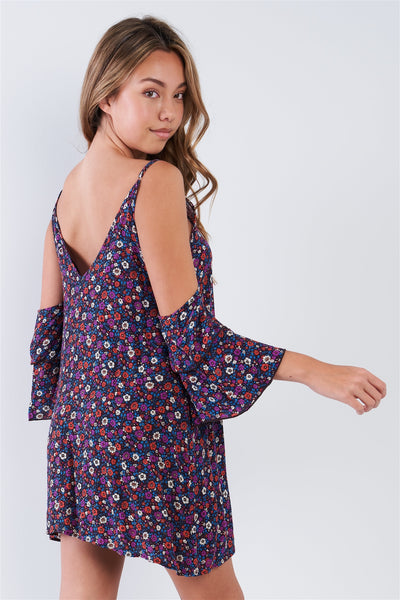 Boho Floral Print Cold Shoulder Bell Sleeves Mini Dress