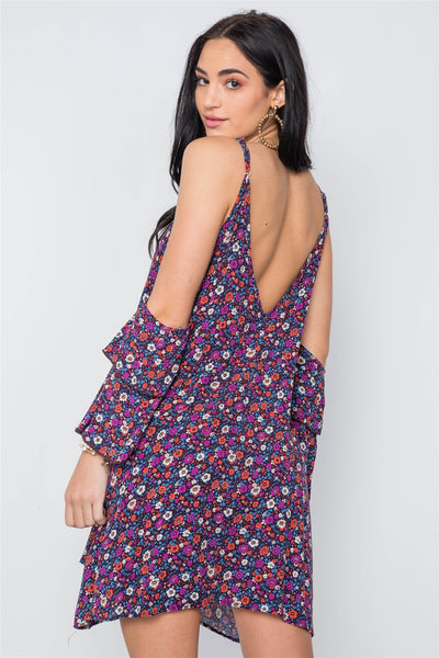 Boho Floral Print Cold Shoulder Bell Sleeves Mini Dress