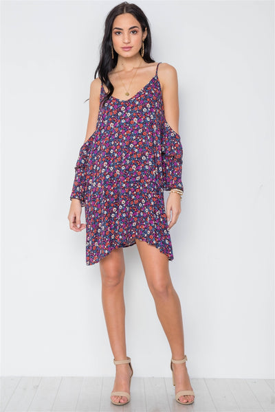 Boho Floral Print Cold Shoulder Bell Sleeves Mini Dress