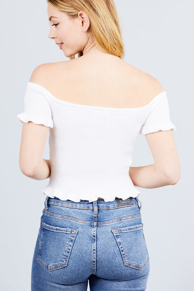 Short Sleeve Off The Shoulder W/ruffle Detail Sweater Top