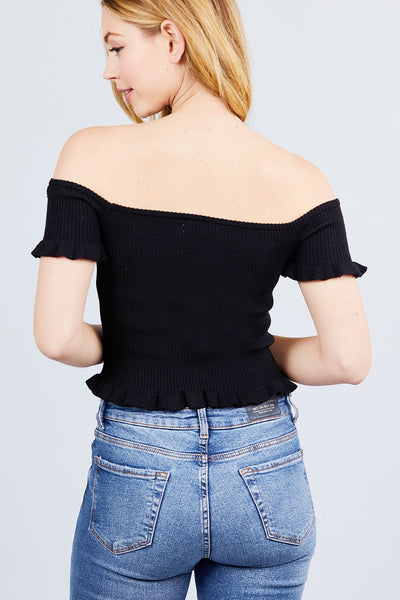 Short Sleeve Off The Shoulder W/ruffle Detail Sweater Top